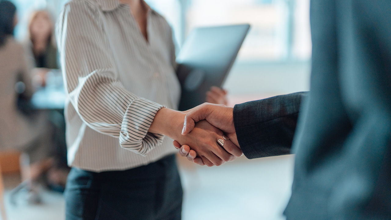 Professional business handshake in modern office